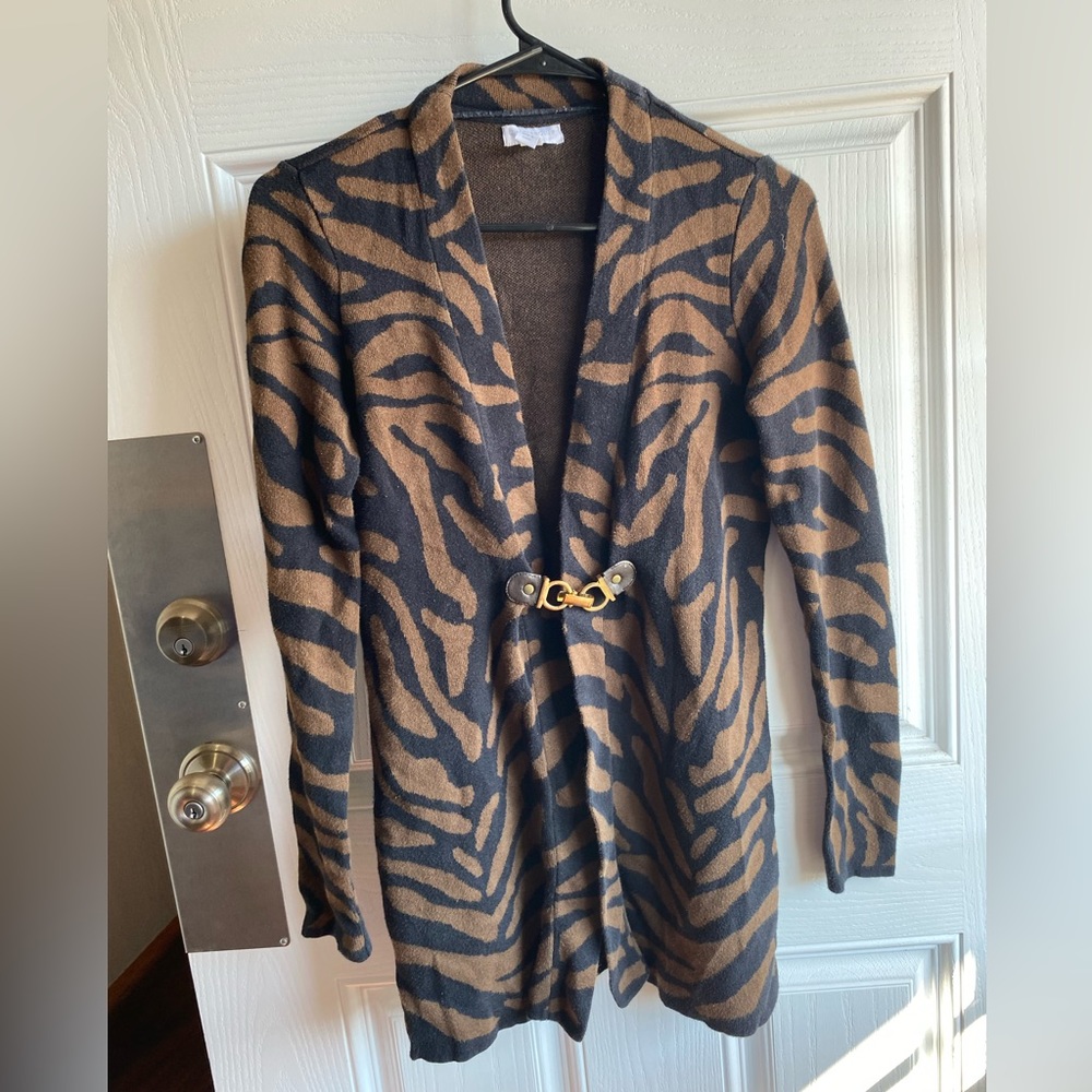 Charter Club Zebra Print Cardigan Brass Front Clasp